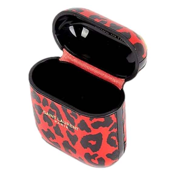 Saint Laurent Leopard Print Black and Red Leather Airpods - Picture 4 of 5